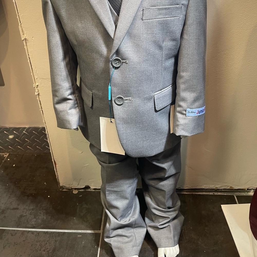 Kid dressy five pc suit gray with white dress shirt.